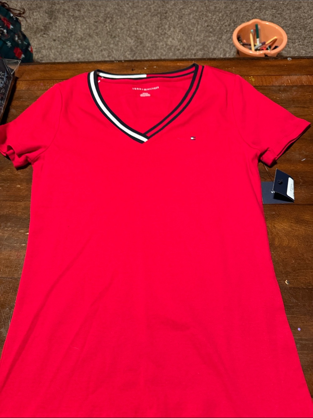 Tommy Hilfiger Women’s Bright Red V-Neck Short Sleeve Tee with Contrast Trim